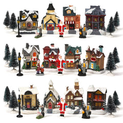 Travelwant 10Pcs/Set Christmas Village - LED Lighted Christmas Village Houses with Figurines, Christmas Village Collection Indoor Room Decor