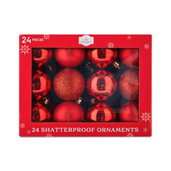 24-Count Red Shatterproof Multi-Textured Christmas Ornaments, 2.36 in, by Holiday Time